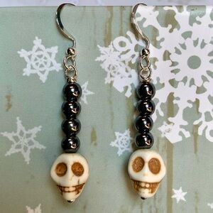 ❤️5 for $15 Howlite Skull and Hematite Handcrafted Silver Earrings